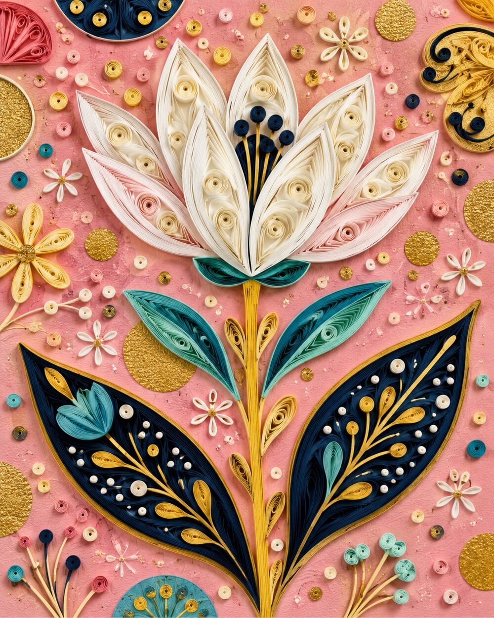 8x10 Black Framed Quilled Lotus Print | Pink Navy Gold Botanical Flower Wall Art
